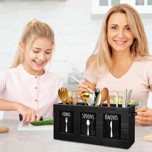 Boîte de rangement en bois pour couverts, noire, rectangulaire, style rustique, organisateur de fourchettes, cuillères et couteaux, type sur pied pour comptoir de cuisine - Product Image 3