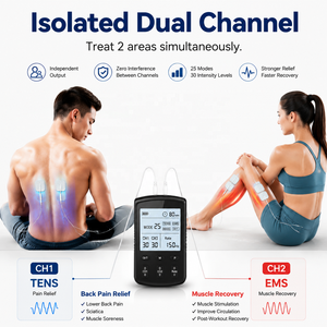 Appareil de physiothérapie de classe II homologué 510K avec écran LCD, 25 modes, double canal, rechargeable, unité TENS EMS - Product Image 2