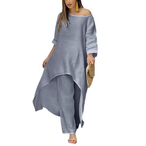 Women Two Pieces <b>Set</b> Cotton And <b>Linen</b> Loose Irregular Long Tops + Long Pants Casual Suits 2 Piece <b>Set</b> - Product Image 6