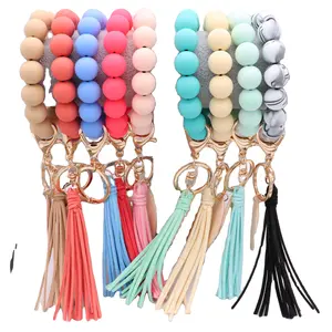 Handmade Silicone Beads Elastic Bangle Gelang Keychain Suede Rumbai Silicone Beads Gelang Wristlet Keychain