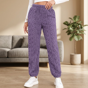 Cozy Knitted Purple Sleep Bottoms Elastic Waist Loose Fit Full Length Solid Color Women Loungewear Winter Wear - Product Image 4