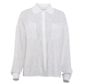 2023 automne mode élégant femmes petit haut translucide en mousseline de soie Texture Polo col à manches longues bouton femmes chemise blanche