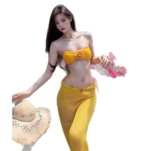 <span class=keywords><strong>Bikini</strong></span> de dos piezas con estampado floral en amarillo jengibre para vacaciones en la isla, traje de baño de tres piezas adelgazante para aguas termales para mujer - Product Image 5
