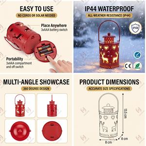 Linterna de Reno Navideña Roja de Metal, Luz Colgante a Pilas con Recortes de Corazón para Decoración de Mesa y Chimenea Navideña - Product Image 3
