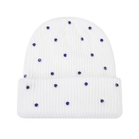 Bonnet en fil acrylique orné de strass style Instagram pour femme ; Chapeau d'hiver brodé à la main, chaud et coupe-vent, à enfiler