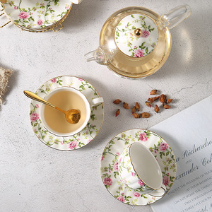 Service à thé en verre et céramique avec bougie chauffe-plat, théière chauffante avec filtre, une théière avec quatre tasses, pour le thé anglais de l'après-midi - Product Image 2