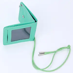 wholesale gifts multi-functions double layers folding adjustable green leather credit card business ID name badge hanging holder