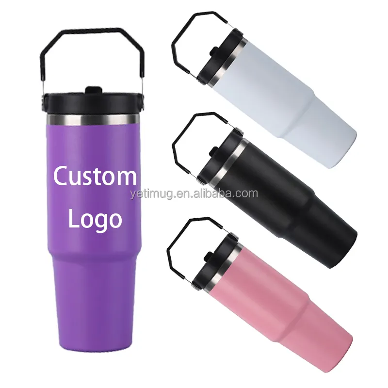 Vacuum Car Travel Drinkware Thermos stainless steel vacuum flask inner glass with straw With Handle Lid 30oz 20Oz