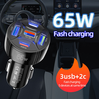 Vente en gros d'usine, chargeurs de voiture portables miniatures à charge rapide 65W 5 ports avec lumières LED QC 3.0, adaptateur PD 20W 30W, fourniture OEM