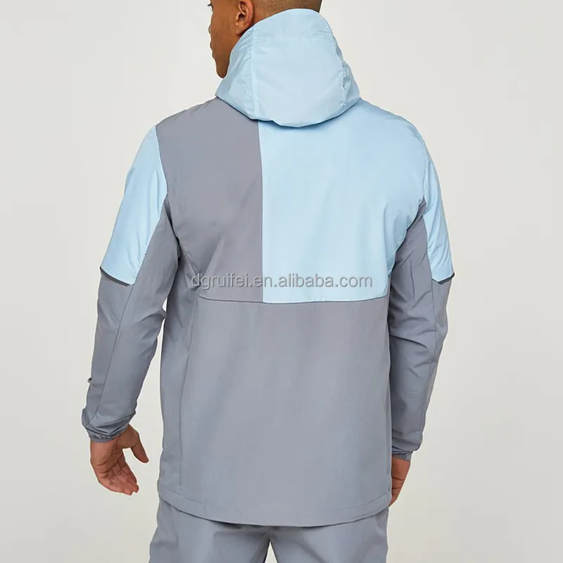 custom 3M reflective logo breathable 4 way stretch full zip hooded color block running windbreaker jacket waterproof men