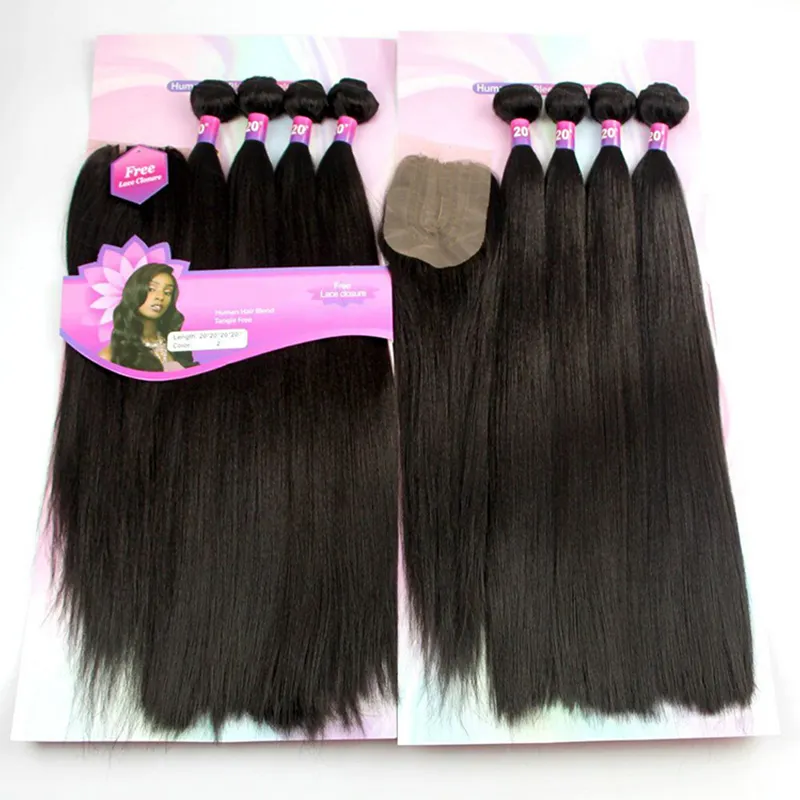 Dropshipping Packet Human Hair Blend Bundles Wholesale Cheap Human Hair Weaves Mix Synthetic Hair With Lace Frontal Closure