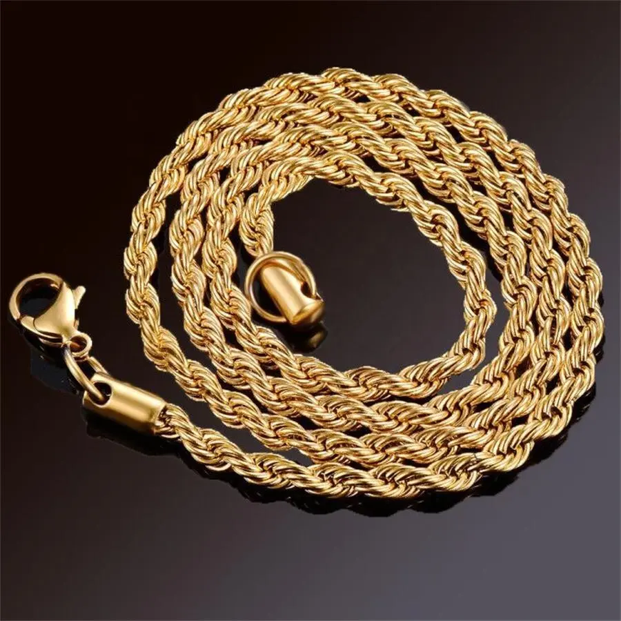 Stock PVD 18K Gold Color Plating Hip Hop Stainless Steel 5MM Rope Chain Necklace