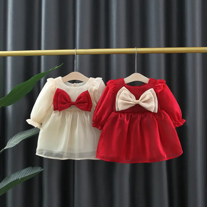 Robe de princesse rouge pour bébé fille, tenue de mariage à manches longues, dos nu, automne/hiver