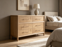 Commode moderne en bois FERLY à 6 tiroirs, cadre incurvé, finition brossée, meuble de rangement pour chambre à coucher
