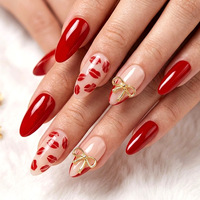 Faux ongles à presser rouge bordeaux, forme amande moyenne, avec motif lèvres et nœud doré, pour femmes, pour la Saint-Valentin, le quotidien et les soirées