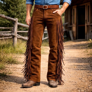 FAZMAX CORPORATION Pantalon Western Homme Marron Style Vintage Taille Haute Coupe Droite avec Poches et Braguette Boutonnée 100% Léger - Product Image 1