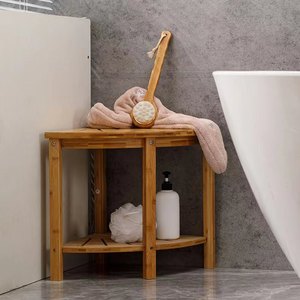 Tabouret de douche d'angle en bois sur mesure, étagère de salle de bain incurvée en forme d'éventail, siège de toilette antidérapant avec rangement - Product Image 3