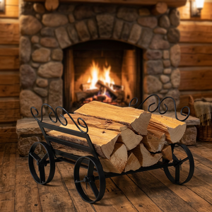 Classic Iron <b>Log</b> Holder with Wheels for Firewood <b>Storage</b> Rectangle Shape Powder Coated Finish - Product Image 6
