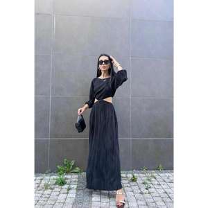 Vestidos Plisados Vintage Negros al por Mayor para Oficina, Tallas XS-XL, con Volantes, Cuello Cuadrado, Primavera-Otoño, de Spandex Sólido - Product Image 1