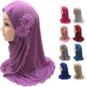 批发廉价时尚纯色鲜花穆斯林女盖头祈祷帽子阿拉伯儿童花头巾