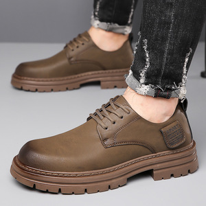 Bottes Martin pour hommes, bout rond, dessus en cuir, semelle extérieure en caoutchouc antidérapante, chaussures de travail décontractées à lacets pour l'automne - Product Image 2