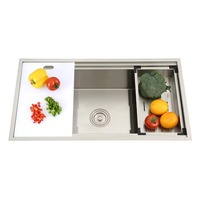 Éviers de cuisine multifonctionnels à double niveau faits à la main avec passoire et planche à découper