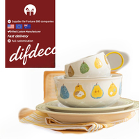 Service de vaisselle en céramique original, mignon, à thème poire et chiot, bols, assiettes, tasses - compatible micro-ondes