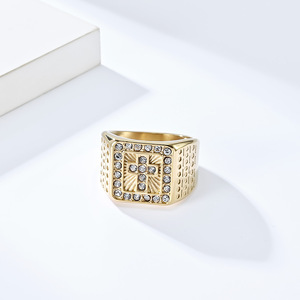 Hip Hop <b>Titanium</b> Steel 18K Gold Plated Cross <b>Ring</b> With Diamond Pave Setting For Men's Jewelry Gift - Product Image 2