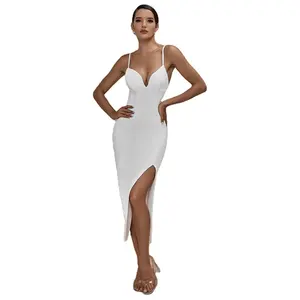 2021 new solid hem slit sexy v neck strap all white bodycon bandaged dress for sexy wearing