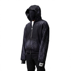 Sudadera con capucha personalizada con cremallera completa y pedrería, estilo vintage, de peso pesado, azul desgastado, con lavado ácido, estilo Y2K, ropa urbana. - Product Image 6