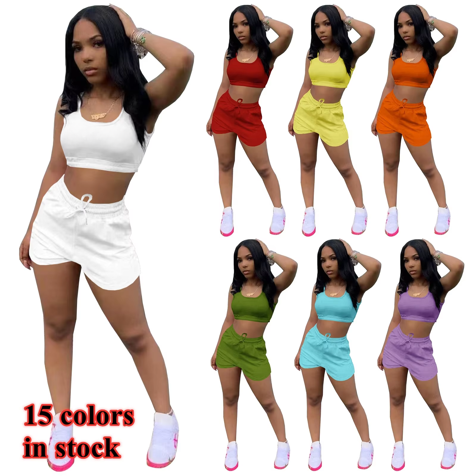 Custom Logo Summer Clothing Crop Top Two Piece Shorts Pants Set
