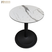 Table de restaurant extérieure commerciale en marbre, ronde de 700 mm, plateau HPL de qualité extérieure de 12 mm avec base en fonte thermolaquée