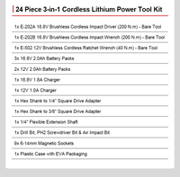 Kit combiné d'outils sans fil 3-en-1 sans balais 24 pièces : Clé à chocs, Clé à cliquet, Tournevis dans un coffret moulé par soufflage