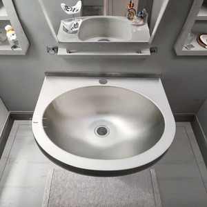 Lavabo Redondo de Acero Inoxidable para Baño, Montado en la Pared, con Desagüe, Acabado Pulido, Diseño Industrial - Product Image 5
