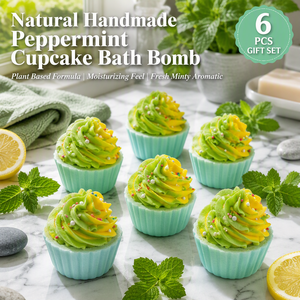 Coffret <span class=keywords><strong>de</strong></span> bombes <span class=keywords><strong>de</strong></span> <span class=keywords><strong>bain</strong></span> en forme <span class=keywords><strong>de</strong></span> cupcake à la menthe poivrée, 6 pièces, 70g, à base <span class=keywords><strong>de</strong></span> plantes, avec crème fouettée verte et jaune, et saupoudrage coloré, hydratant, boîte cadeau - Product Image 2