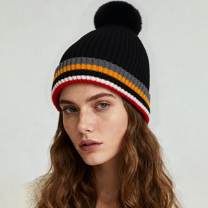 Custom Colorful Beanie Embroidery Logo Knitted <b>Hat</b> <b>Pom</b> <b>Pom</b> Striped Beanie Winter Caps with Warm Sherpa Fur Lining Headwear - Product Image 1