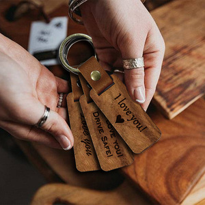 Cross-border for Blank Wood and PU Leather Laser UV Screen Printing Diy Customizable Keychain Wooden Pendant