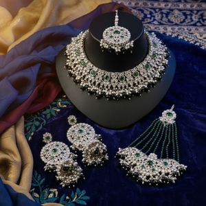 <b>Gold</b> Alloy Pearl Bridal Shadow Choker Necklace <b>Set</b> Earrings Maang Tikka Ethnic Trendy Handmade High Quality Crystal Rhinestone - Product Image 2