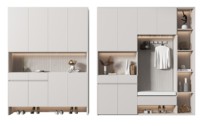 Meuble à chaussures flottant et porte-manteau flottant pour entrée, tons neutres modernes, pour une décoration intégrée de l'entrée dans une maison minimaliste.