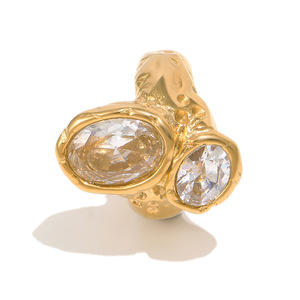 Handmade Concave Convex Irregular Double Oval Zircon <b>Stainless</b> <b>Steel</b> Vacuum Gold Plated 2026 Art Niche Womens Heavy Duty <b>Ring</b> - Product Image 2