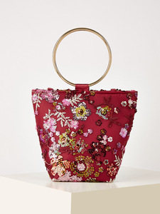 Floral <b>Sequin</b> Embroidery Tote Bag Women Metal Ring Handle <b>Handbag</b> Large Capacity Canvas Shoulder Bag Handmade Bucket Purse - Product Image 4