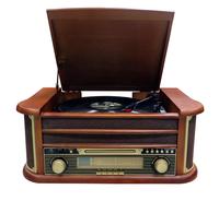 Tocadiscos Multifuncional de Madera Oscura con Altavoces Integrados, Reproductor de Vinilos con Reproducción de Casete, CD, USB, SD, Radio AM/FM
