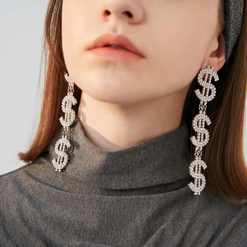 Kaimei fall fashion 2022 punk jewelry women hip Hop earrings women dollar sign rhinestone dangle drop earrings women