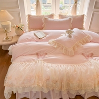 Ensemble de jupe de lit en dentelle de chiffon brodée de luxe français, polyester doux pour la peau 300 fils, style européen et américain léger, quatre pièces