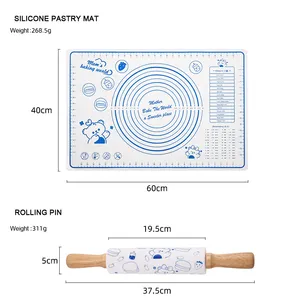 새로운 스타일 사용자 정의 인쇄 미끄럼 실리콘 과자 매트 세트 롤링 핀
