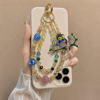 Breloque de téléphone de luxe en forme de famille de hiboux, ornée de perles, avec cristaux multicolores et dorés, porte-clés et pendentif de sac, fait main, vente en gros