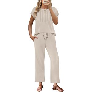 Two Piece Sets For Women Summer Casual <b>Cap</b> <b>Sleeve</b> <b>Tops</b> Lounge Matching Set Breathable Knitted Outfits - Product Image 3