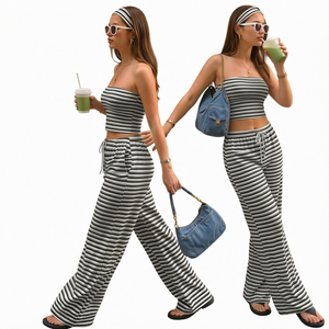 Women Y2K Striped Ribbed Tube and Wide Leg <b>Pants</b> 2 Piece Lounge Set Quick Dry Casual Outfit - Product Image 1