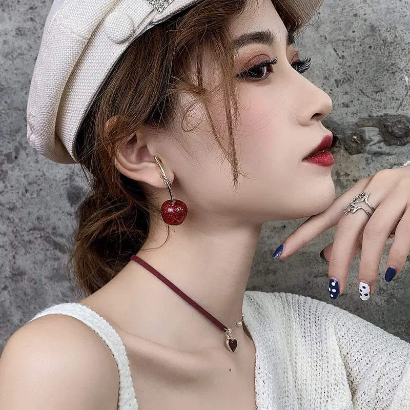 Fashion Jewelry Korean Style Lovely Women Girls Gold Plated 925 Silver Pin Glitter Cherry Earring