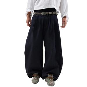 Custom <b>Men</b> Loose Baggy Denim Jean Contrast Topstitching Dark Indigo Pleated Wide Leg <b>Cropped</b> Fit Denim Trousers - Product Image 1